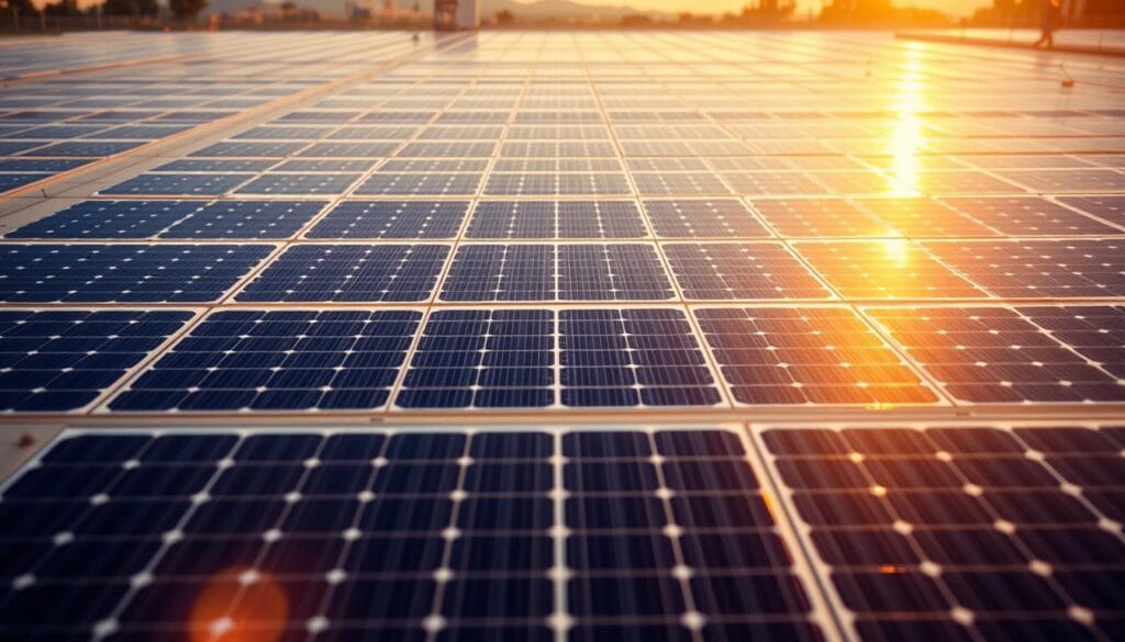 Detailed photovoltaic solar panels arranged in a grid layout, illuminated by warm sunlight from above. The panels are positioned on a flat, reflective surface, with a slightly hazy, atmospheric background. The scene conveys a sense of clean, renewable energy generation, with a technical, yet aesthetically pleasing composition. The panels are depicted with precise, high-resolution detail, showcasing their intricate components and sleek, modern design. The overall tone is one of innovation, sustainability, and the advancement of solar technology.