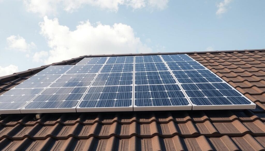 Roof-ready plan solar panel, showcasing a detailed layout of solar panels installed on a residential roof. The scene depicts the panels arranged in a symmetrical grid pattern, with precise measurements and specifications visible. The panels are rendered in high-fidelity, capturing the intricate textures and reflective surfaces. The lighting is natural, casting soft shadows that accentuate the panel's depth and dimensions. The background features a cloudless sky, creating a serene and inviting atmosphere. The overall composition conveys a sense of technical precision and practical application, perfectly suited for the article's subject matter.