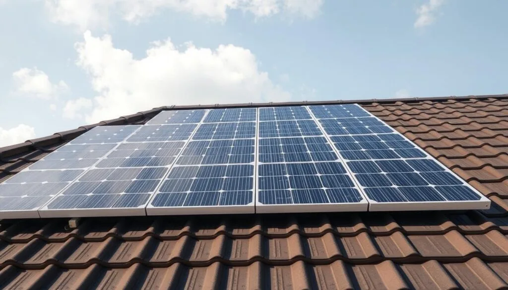 Roof-ready plan solar panel, showcasing a detailed layout of solar panels installed on a residential roof. The scene depicts the panels arranged in a symmetrical grid pattern, with precise measurements and specifications visible. The panels are rendered in high-fidelity, capturing the intricate textures and reflective surfaces. The lighting is natural, casting soft shadows that accentuate the panel's depth and dimensions. The background features a cloudless sky, creating a serene and inviting atmosphere. The overall composition conveys a sense of technical precision and practical application, perfectly suited for the article's subject matter.
