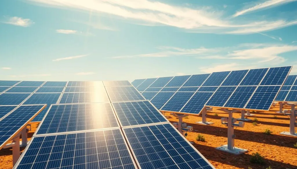 a futuristic solar panel array in the year 2025, with advanced photovoltaic cells arranged in a sleek, streamlined design. The panels are mounted on modern, minimalist support structures, creating a visually striking and technologically sophisticated landscape. The scene is bathed in a warm, golden light, suggesting efficient energy harvesting and advanced cooling systems. In the background, a clear blue sky with a few wispy clouds adds a sense of tranquility and environmental harmony. The overall composition conveys a vision of clean, renewable energy powering homes and communities in the near future.