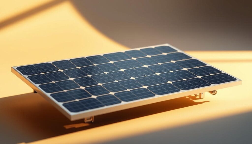 Detailed technical diagram of power output per square foot for a high-efficiency photovoltaic solar panel. Crisp, clean industrial design rendered in muted colors with strong shadows and highlights to emphasize the panel's components and engineering. The panel is shown at a slight angle, capturing the sleek profile and intricate circuitry. The background is a minimalist grey gradient, keeping the focus squarely on the panel's key performance metrics and physical attributes. Precise measurements and data visualizations present the panel's power output, efficiency, and other vital statistics in a clear, informative manner.