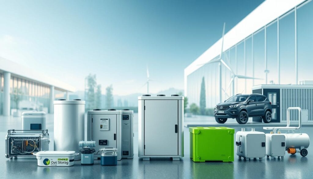 a highly detailed, photorealistic image of various energy storage technologies and applications, showcased in a clean, modern, and informative layout. The foreground should prominently feature a selection of energy storage devices such as batteries, fuel cells, flywheels, and capacitors, all rendered with meticulous attention to materials, textures, and technical details. The middle ground should depict different real-world applications of these storage solutions, such as electric vehicles, renewable energy systems, industrial processes, and consumer electronics, all integrated seamlessly into their respective environments. The background should provide a sense of scale and context, featuring clean, minimalist architectural elements or urban landscapes that reinforce the versatility and ubiquity of energy storage technologies. The overall mood should convey a sense of innovation, efficiency, and forward-thinking, with careful attention to lighting, depth of field, and color grading to create a visually