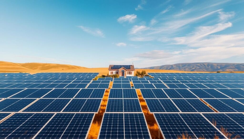 A close-up shot of a solar battery pack, its sleek metallic casing reflecting the warm glow of natural lighting. The battery's terminals are prominently displayed, showcasing its technical capabilities. The background is blurred, gently hinting at the larger solar system setup. The overall composition conveys a sense of power, efficiency, and the battery's integral role in harnessing renewable energy for the home.
