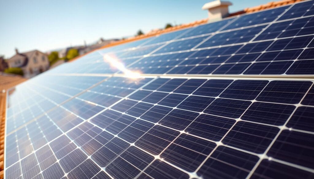 A sleek, high-efficiency solar panel array bathed in warm sunlight, its glossy black surfaces capturing the sun's energy with precision. The panels are arranged in a clean, geometric layout, their angles carefully optimized to maximize power output. The background features a subtly blurred cityscape, hinting at the panels' urban setting and their role in powering the modern world. The overall scene conveys a sense of technological advancement, environmental sustainability, and the transformative potential of affordable solar technology.