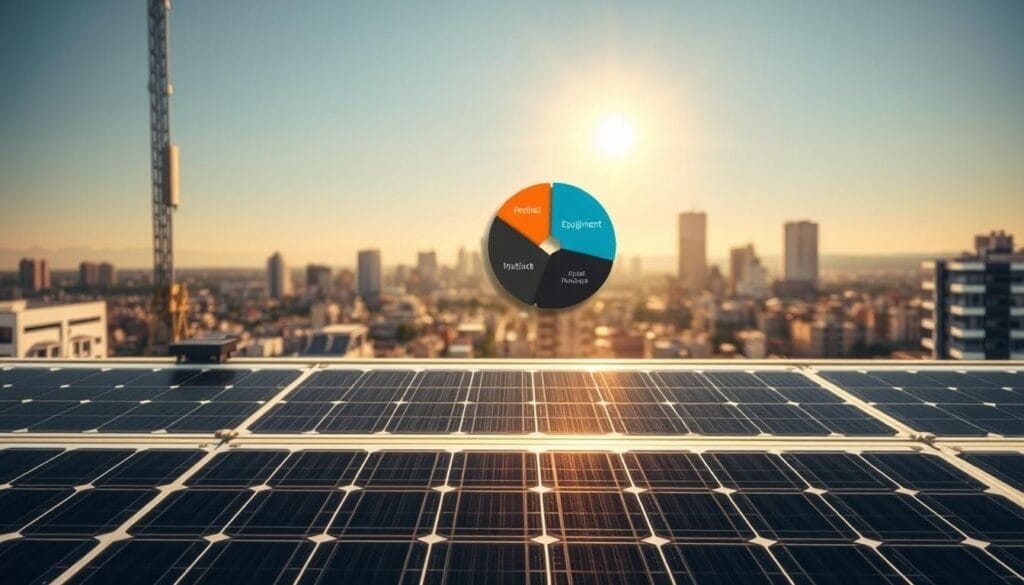 A high-contrast, detailed illustration depicting the key factors affecting the cost of solar panels. In the foreground, a solar panel with intricate components such as solar cells, wiring, and mounting hardware. In the middle ground, a pie chart visualizing the relative impact of factors like equipment, installation, permitting, and financing. In the background, a cityscape with a clear sky and the sun's rays beaming down, symbolizing the importance of solar energy. The image has a technical, informative tone, lit by a warm, natural light that casts subtle shadows, creating depth and dimension.